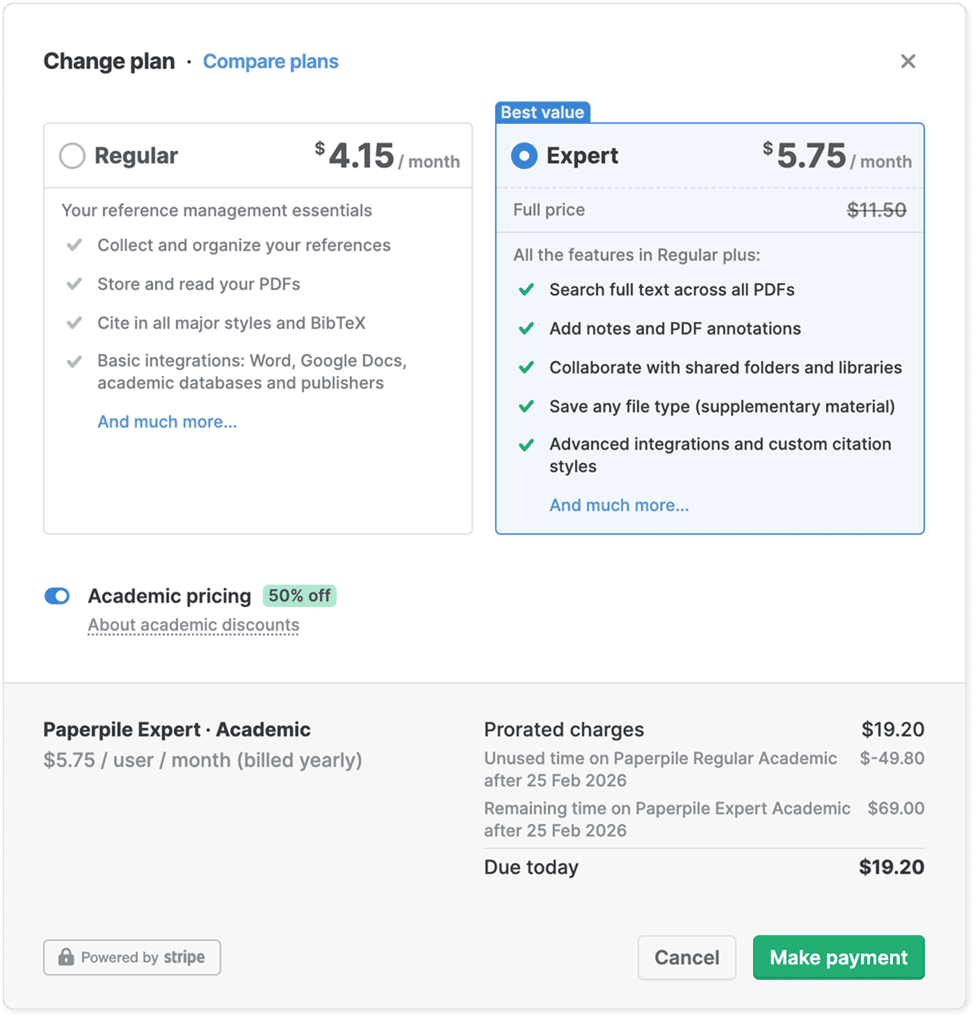 The “Change plan” dialog comparing Regular at $4.15 a month with the selected Expert plan at $5.75, an “Academic pricing 50% off” toggle, and a prorated charges breakdown showing $19.20 due today.